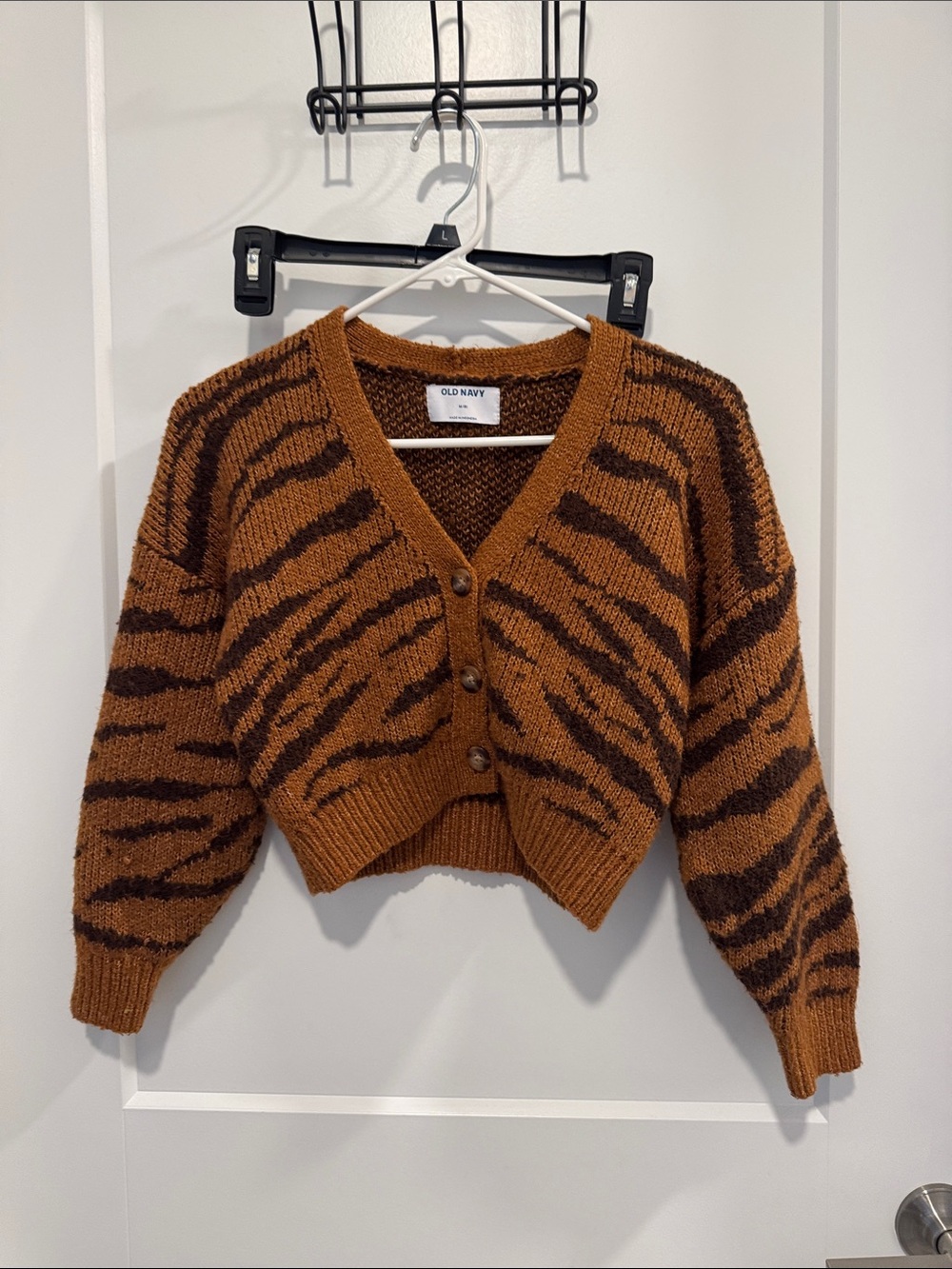 Old Navy Brown and Dark Brown Tiger-Stripe Cropped Button Cardigan size 8